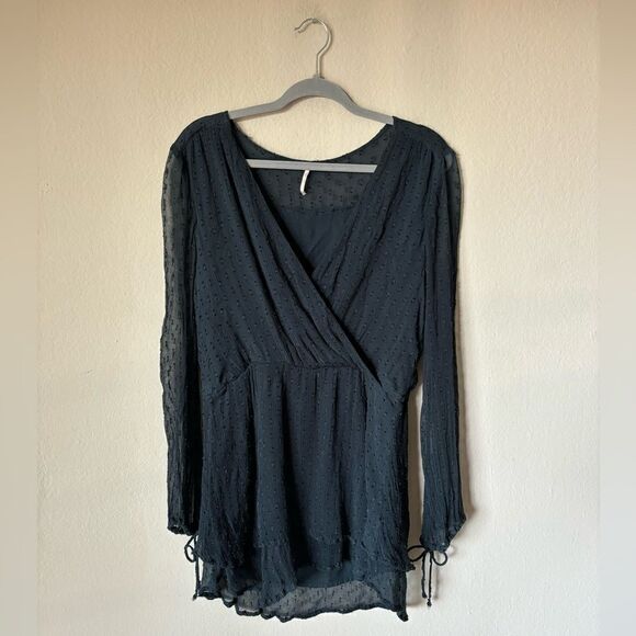 Free People Daliah Mini Blue Dress Long Sleeve Deep Blouse Size XS - Picture 7 of 11